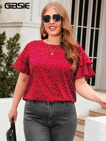 GIBSIE Plus Size πουά με λαιμόκοψη γυναικεία μπλούζα με μανίκια πεταλούδας Καλοκαιρινή μόδα Boho Γλυκές χαλαρές μπλούζες με μπλούζες