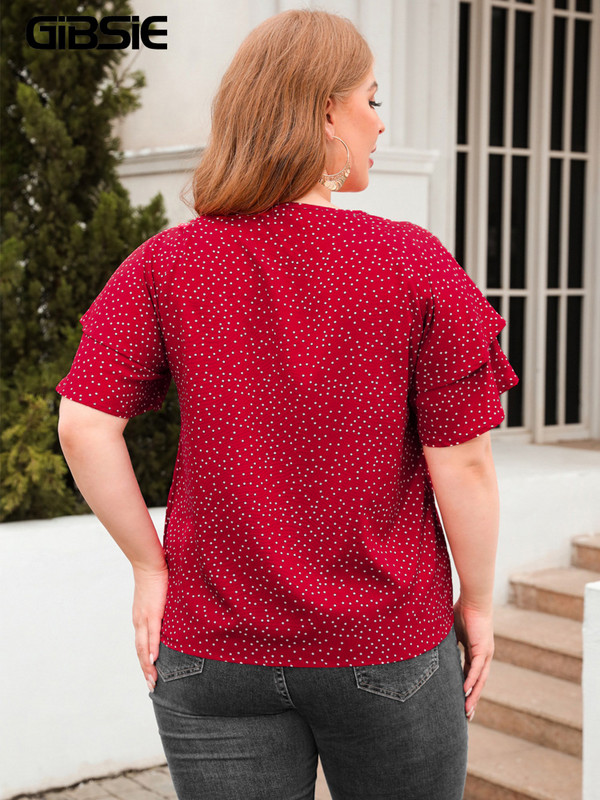 GIBSIE Slojevita bluza s leptir rukavima na točkice i O-izrezom veće veličine Ženske boho modne ljetne slatke opuštene ležerne gornje bluze