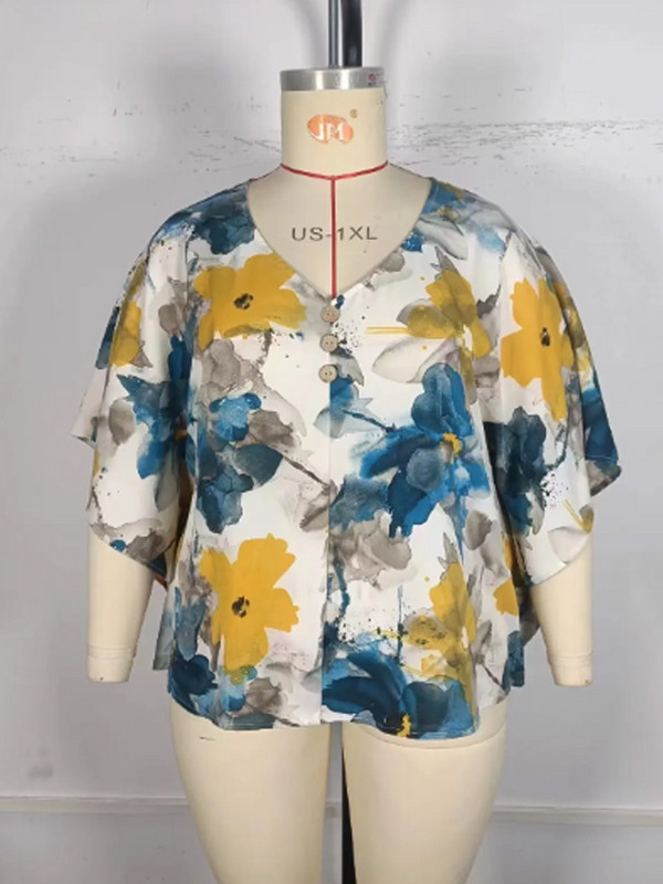 GIBSIE Dimensiune Plus Gâtul în V Detaliu nasturi Bluză cu imprimeu Femei 2024 Nou Vară 3/4 Mâneci Boho Casual Largi Topuri de vacanță Bluze