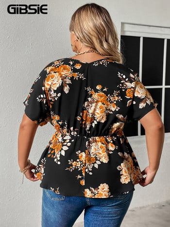 GIBSIE Plus Size Floral print Cold Shoulder Peplum μπλούζα Γυναικεία Boho Fashion μανίκια με λαιμόκοψη Καλοκαιρινό ελαστικό μπλουζάκι 2023