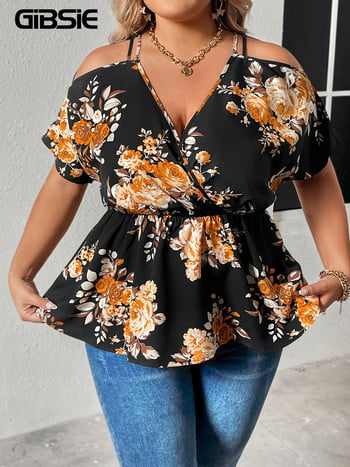 GIBSIE Plus Size Floral print Cold Shoulder Peplum μπλούζα Γυναικεία Boho Fashion μανίκια με λαιμόκοψη Καλοκαιρινό ελαστικό μπλουζάκι 2023