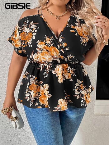 GIBSIE Plus Size Floral print Cold Shoulder Peplum μπλούζα Γυναικεία Boho Fashion μανίκια με λαιμόκοψη Καλοκαιρινό ελαστικό μπλουζάκι 2023