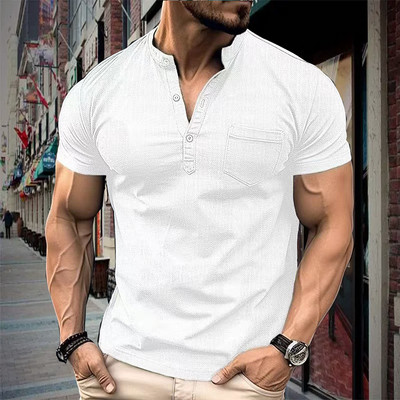 2024 Férfi Póló Tavaszi és Nyári Henley galléros ing Új dizájn férfi póló Rövid ujjú alkalmi utcai ing S-3XL