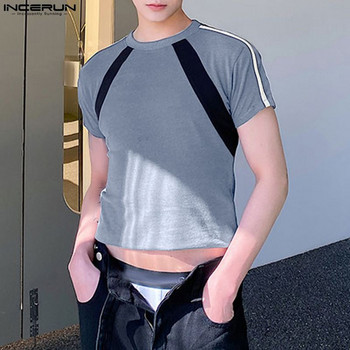 2023 Мъжка тениска с пачуърк, О-образно деколте и къс ръкав, корейски мъжки укорочени топове, летни улични модни ежедневни мъжки дрехи INCERUN S-5XL