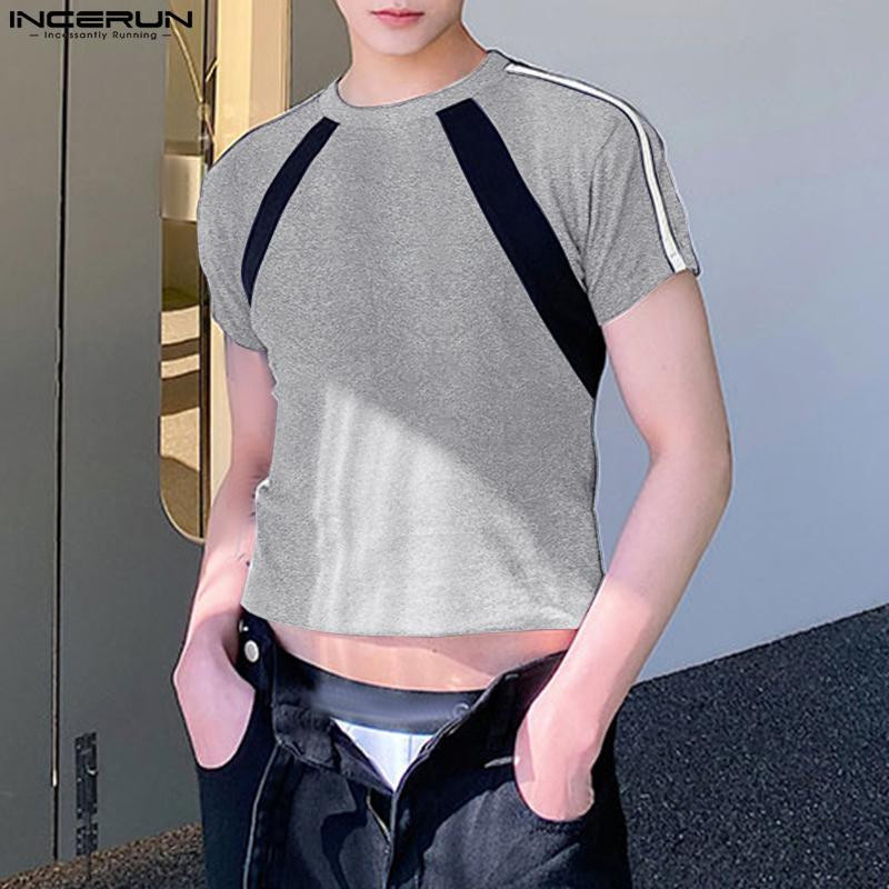 2023. gads. Vīriešu T krekls, raibs ar O veida kakla izgriezumu, īsām piedurknēm korejiešu vīriešu apgriezti topi Vasaras ielas apģērbi Modes ikdienas vīriešu apģērbi INCERUN S-5XL