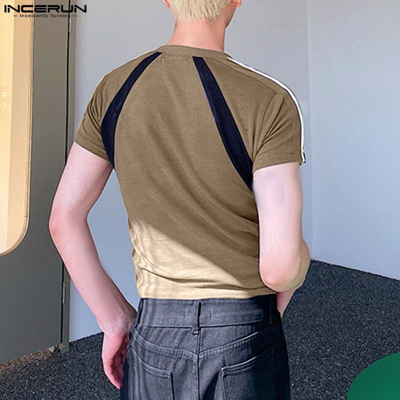 2023. gads. Vīriešu T krekls, raibs ar O veida kakla izgriezumu, īsām piedurknēm korejiešu vīriešu apgriezti topi Vasaras ielas apģērbi Modes ikdienas vīriešu apģērbi INCERUN S-5XL