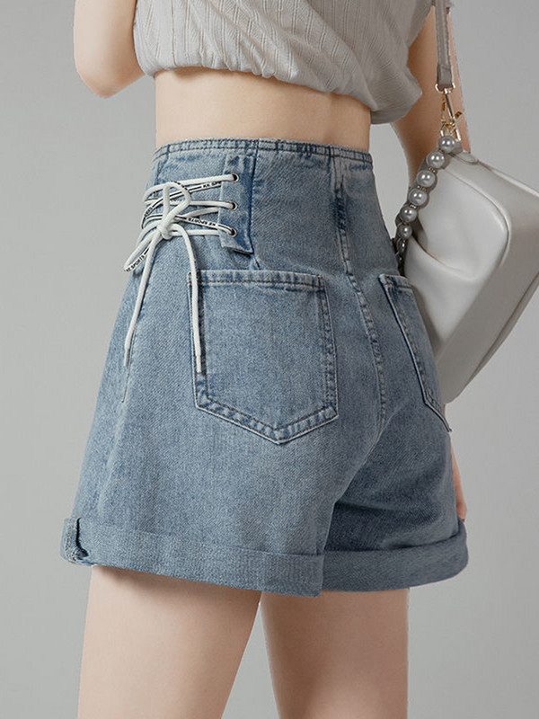 Zoki Fashion Lace Up Denim Kratke Ženske Slatke Traperice Visokog Struka Preppy Style Jeans Kratke Ljeto Ležerni Dizajn Slatke Korejske Kratke Hlače Novo