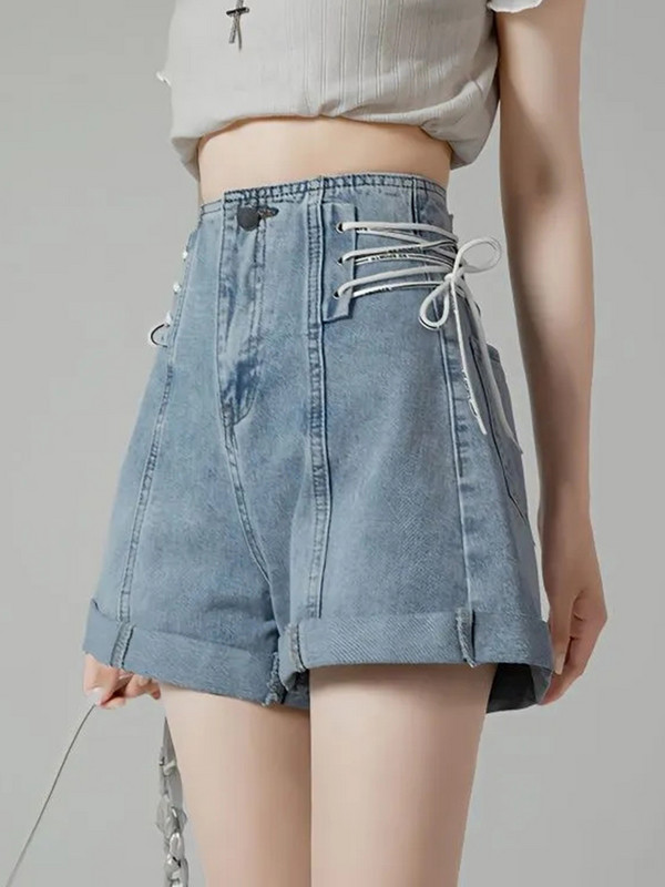 Zoki Fashion Lace Up Denim Kratke Ženske Slatke Traperice Visokog Struka Preppy Style Jeans Kratke Ljeto Ležerni Dizajn Slatke Korejske Kratke Hlače Novo