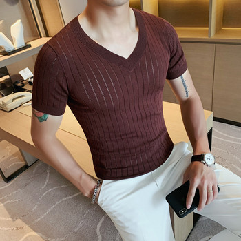 2023 Мъжка лятна ежедневна тениска за плетене Ice Silk T-shirt/Мъжка тениска с V-образно деколте и къс ръкав Slim Fit Tees Плюс размер S-4XL