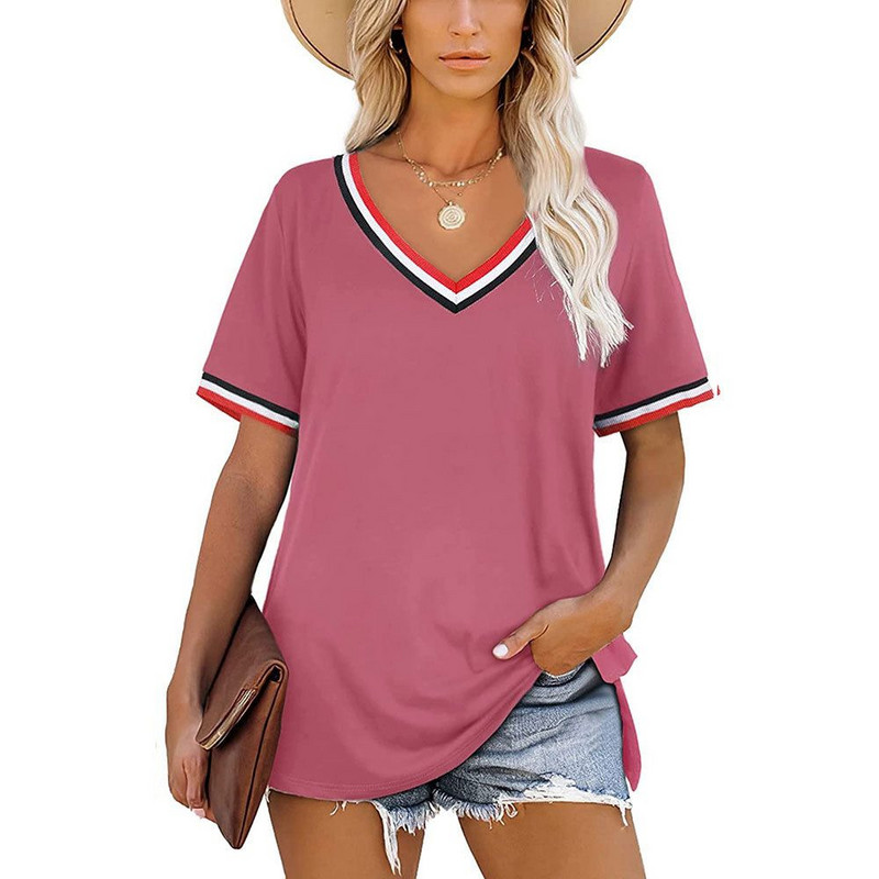Sieviešu T-krekls Krāsu bloķēšana 3D Print V veida kakla sieviešu T-krekls Mode Ikdienišķa Vienkārši brīvi Sieviešu vasaras topi ar īsām piedurknēm