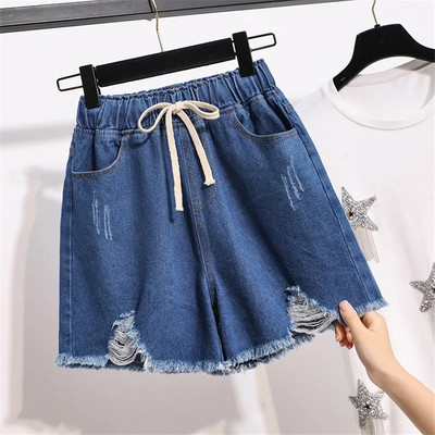 Kék Oversize 4xl Fűzős szakadt rövidnadrág Jean Női Nyári Baggy Farmer Nadrág Rugalmas Magas Derék Vaquero Divat Pantalones Cortos