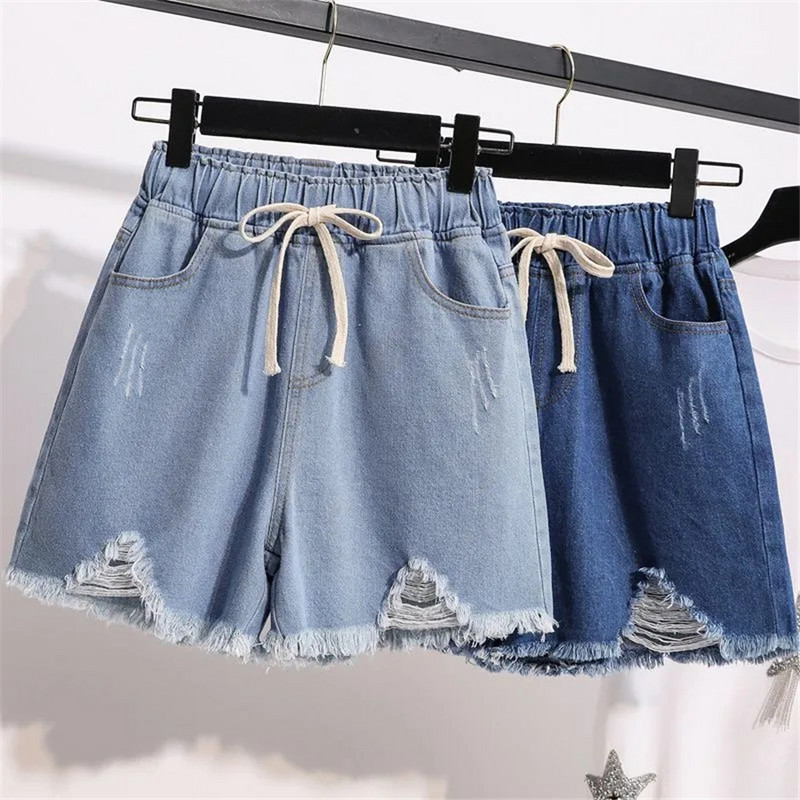 Kék Oversize 4xl Fűzős szakadt rövidnadrág Jean Női Nyári Baggy Farmer Nadrág Rugalmas Magas Derék Vaquero Divat Pantalones Cortos