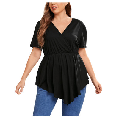 Velika veličina 5XL Ležerna jednobojna majica s V-izrezom, plisirana, kratkih rukava, visokog struka, kratki top, ženska odjeća, prevelika majica, ljeto