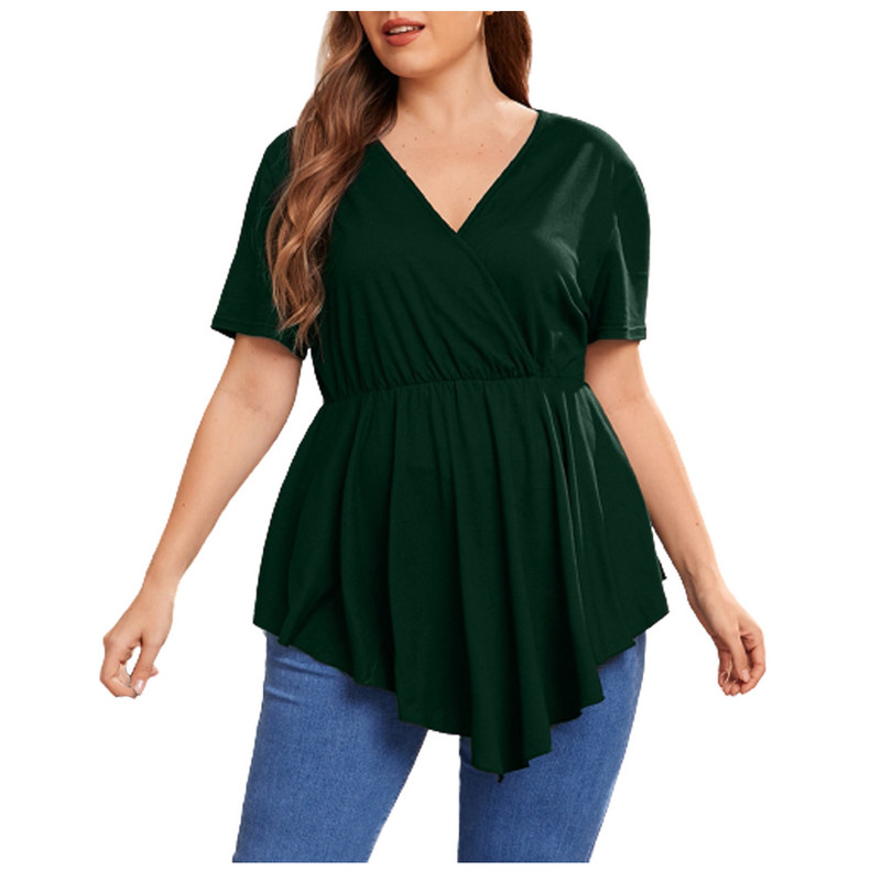 Velika veličina 5XL Ležerna jednobojna majica s V-izrezom, plisirana, kratkih rukava, visokog struka, kratki top, ženska odjeća, prevelika majica, ljeto
