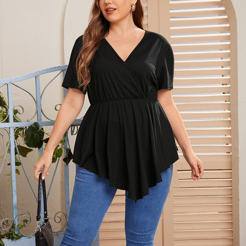 Velika veličina 5XL Ležerna jednobojna majica s V-izrezom, plisirana, kratkih rukava, visokog struka, kratki top, ženska odjeća, prevelika majica, ljeto