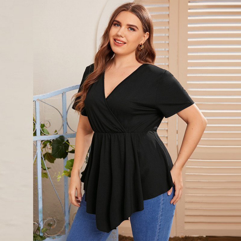 Velika veličina 5XL Ležerna jednobojna majica s V-izrezom, plisirana, kratkih rukava, visokog struka, kratki top, ženska odjeća, prevelika majica, ljeto