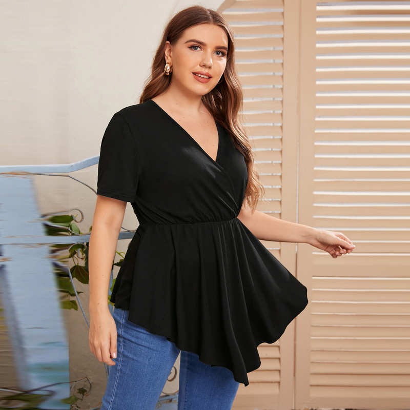 Velika veličina 5XL Ležerna jednobojna majica s V-izrezom, plisirana, kratkih rukava, visokog struka, kratki top, ženska odjeća, prevelika majica, ljeto