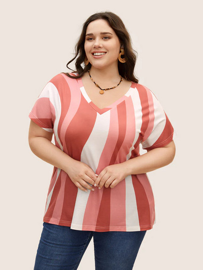 Ženska majica kratkih rukava s V-izrezom i kratkim rukavima na pruge, ležerna ljetna majica s printom, velika ženska odjeća, ležerna majica