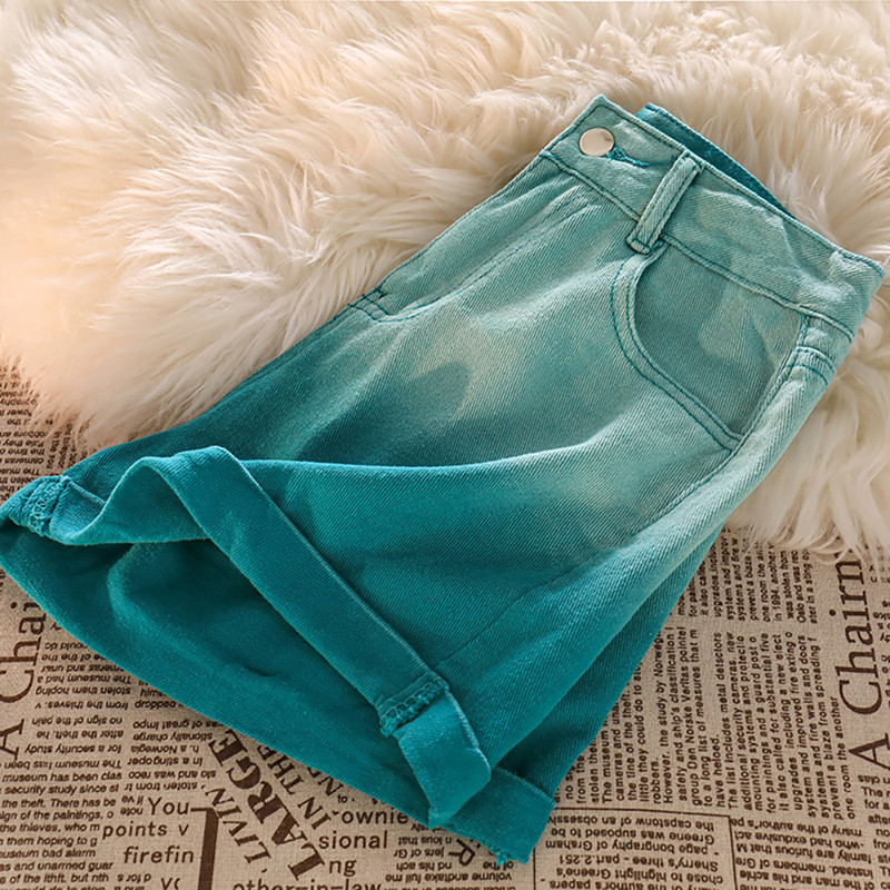 Gradientsinised teksapüksid naistele Mood kõrge vöökohaga õhukesed lühikesed teksad Suvised vabaaja sirged lahtised lühikesed püksid Naiste kuumad püksid