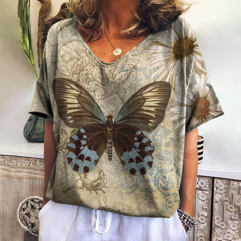 Ženska majica kratkih rukava Ljetne leptir majice s V-izrezom Novi šarmantni topovi Udobni pulover velike veličine Ženska široka kućna košulja