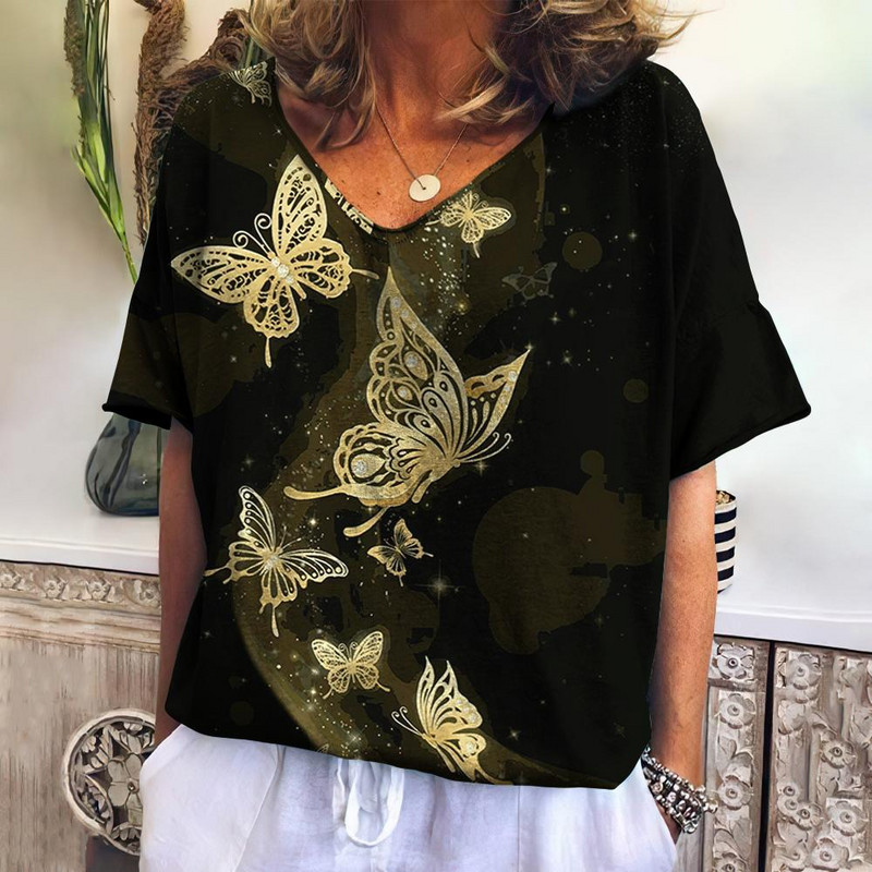 Ženska majica kratkih rukava Ljetne leptir majice s V-izrezom Novi šarmantni topovi Udobni pulover velike veličine Ženska široka kućna košulja