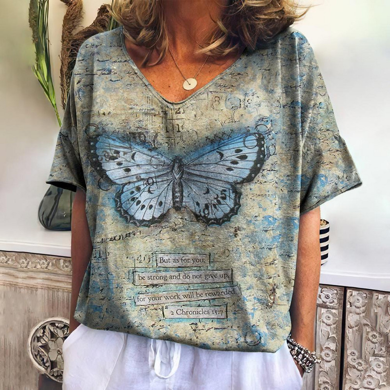 Ženska majica kratkih rukava Ljetne leptir majice s V-izrezom Novi šarmantni topovi Udobni pulover velike veličine Ženska široka kućna košulja