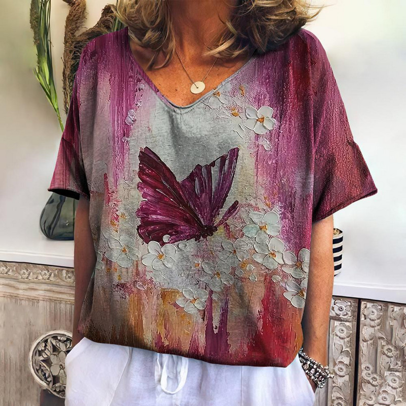 Ženska majica kratkih rukava Ljetne leptir majice s V-izrezom Novi šarmantni topovi Udobni pulover velike veličine Ženska široka kućna košulja