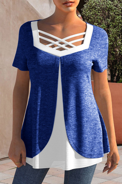 Nagy méretű keresztpántos, rövid ujjú póló, összefűzött, hétköznapi laza nyári póló felső négyzetes gallérral női hamis kétrészes felső 2024