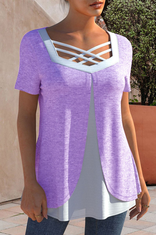 Nagy méretű keresztpántos, rövid ujjú póló, összefűzött, hétköznapi laza nyári póló felső négyzetes gallérral női hamis kétrészes felső 2024