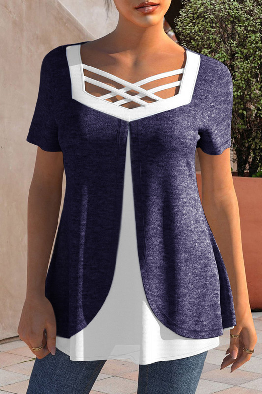 Nagy méretű keresztpántos, rövid ujjú póló, összefűzött, hétköznapi laza nyári póló felső négyzetes gallérral női hamis kétrészes felső 2024