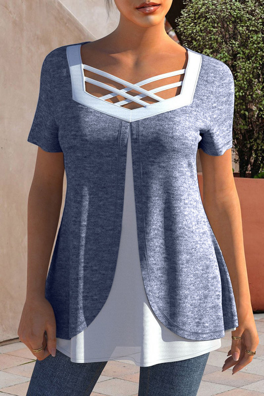 Nagy méretű keresztpántos, rövid ujjú póló, összefűzött, hétköznapi laza nyári póló felső négyzetes gallérral női hamis kétrészes felső 2024