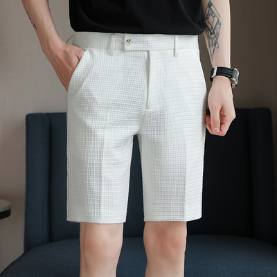 Férfi szabadidős rövidnadrág, elasztikus derékú rövidnadrág, vékony, egyszínű öltönynadrág, 2024-es új, kiváló minőségű férfi egyenes rövidnadrág.Középső nadrág