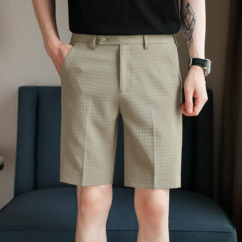 Férfi szabadidős rövidnadrág, elasztikus derékú rövidnadrág, vékony, egyszínű öltönynadrág, 2024-es új, kiváló minőségű férfi egyenes rövidnadrág.Középső nadrág