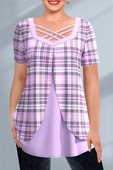 Ženska ljetna majica velikih veličina Ležerna ružičasta karirana majica na vezanje, srednje rastezljiva, slojevita majica za slobodno vrijeme, majice kratkih rukava 2024.