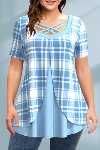 Ženska ljetna majica velikih veličina Ležerna ružičasta karirana majica na vezanje, srednje rastezljiva, slojevita majica za slobodno vrijeme, majice kratkih rukava 2024.