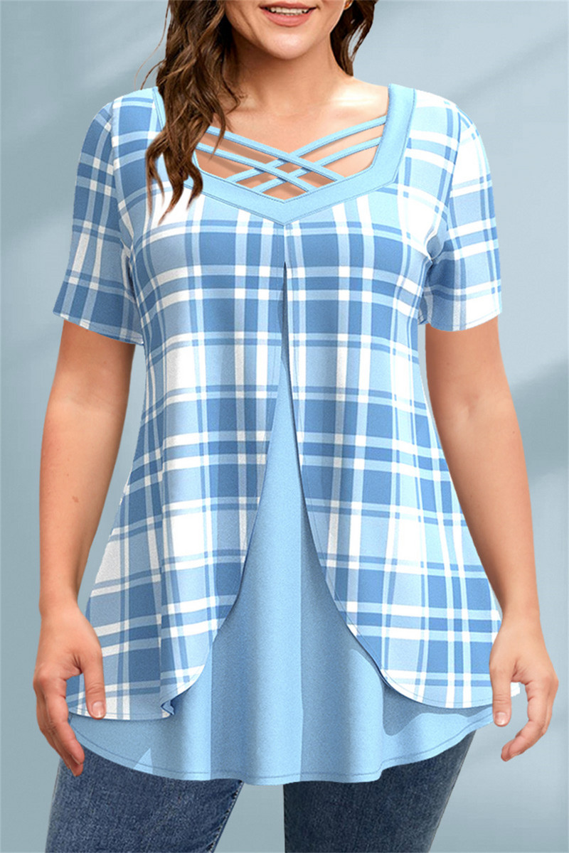 Ženska ljetna majica velikih veličina Ležerna ružičasta karirana majica na vezanje, srednje rastezljiva, slojevita majica za slobodno vrijeme, majice kratkih rukava 2024.