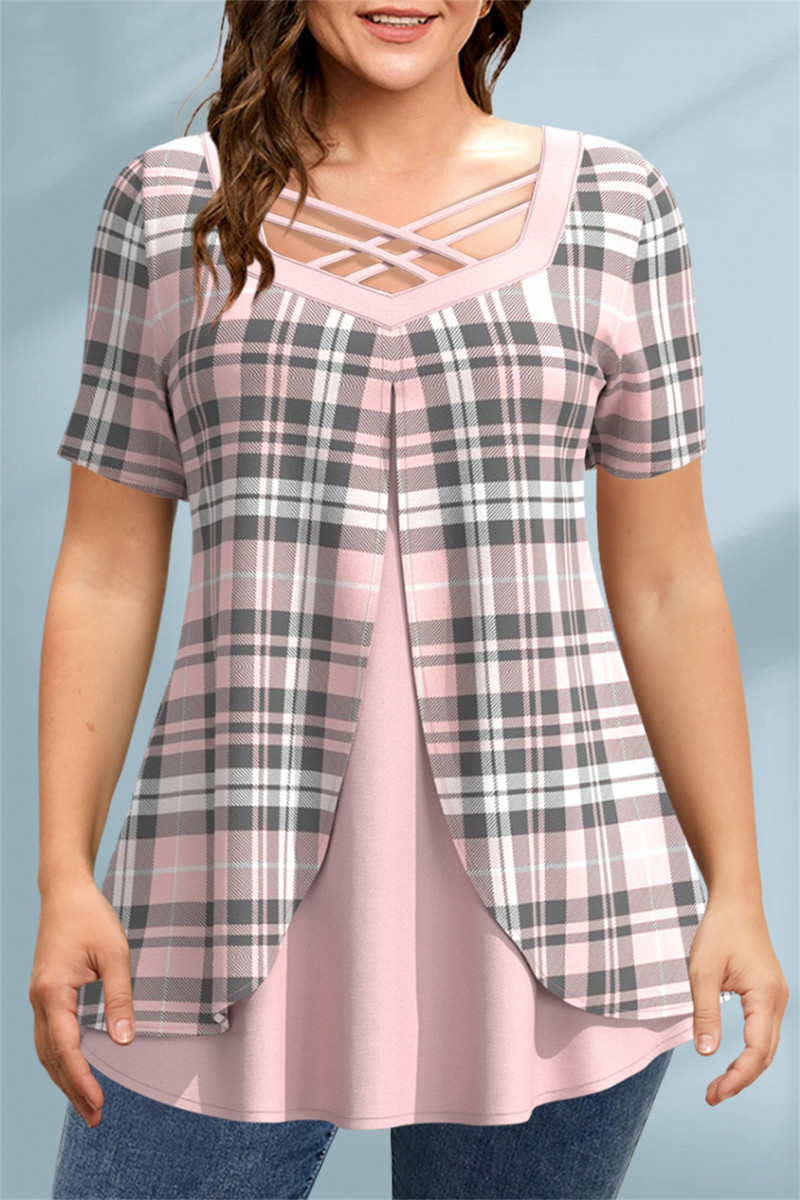 Ženska ljetna majica velikih veličina Ležerna ružičasta karirana majica na vezanje, srednje rastezljiva, slojevita majica za slobodno vrijeme, majice kratkih rukava 2024.