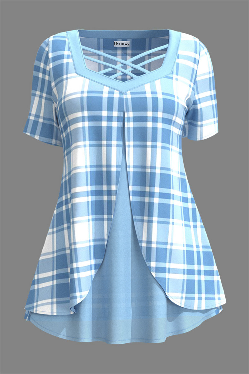 Ženska ljetna majica velikih veličina Ležerna ružičasta karirana majica na vezanje, srednje rastezljiva, slojevita majica za slobodno vrijeme, majice kratkih rukava 2024.