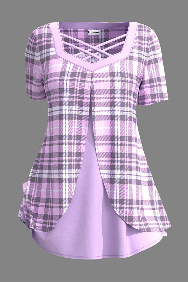 Ženska ljetna majica velikih veličina Ležerna ružičasta karirana majica na vezanje, srednje rastezljiva, slojevita majica za slobodno vrijeme, majice kratkih rukava 2024.