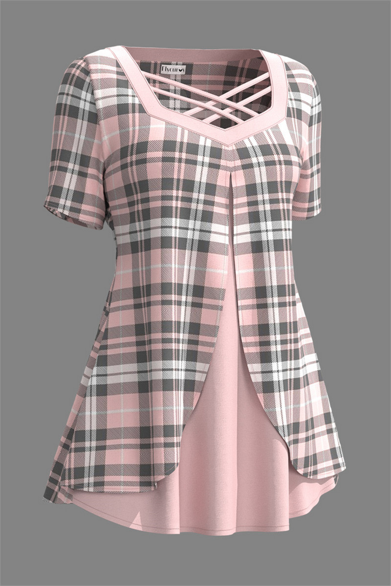 Ženska ljetna majica velikih veličina Ležerna ružičasta karirana majica na vezanje, srednje rastezljiva, slojevita majica za slobodno vrijeme, majice kratkih rukava 2024.