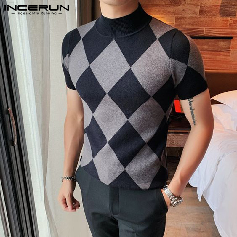Modne majice u ležernom stilu INCERUN 2024. Nove muške pletene majice s rombovim uzorkom Zgodne muške rastezljive udobne majice S-5XL