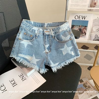 Jean Shorts Női Retro Burr Hole Farmer Női Nyári print Karcsú farmer rövid Ropa De Mujer