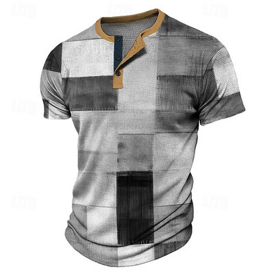 Tricou de epocă pentru bărbați Tricou din bumbac în carouri Mochiuri artificiale cu imprimeu grafic Cămașă cu mânecă scurtă Henley Cămașă supradimensionată pentru bărbați.