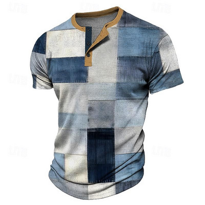 Vintage T-shirt za muškarce Pamučna majica s kariranim umjetnim patchwork grafičkim printom kratkih rukava Henley košulja Preveliki gornji dio muške odjeće