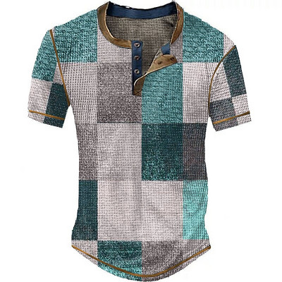 Vintage T-shirt za muškarce Pamučna majica s kariranim umjetnim patchwork grafičkim printom kratkih rukava Henley košulja Preveliki gornji dio muške odjeće