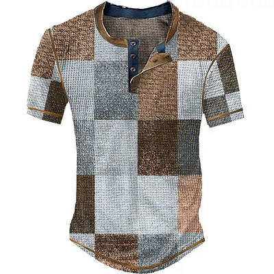 Vintage T-shirt za muškarce Pamučna majica s kariranim umjetnim patchwork grafičkim printom kratkih rukava Henley košulja Preveliki gornji dio muške odjeće
