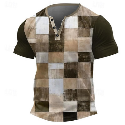 Vintage T-shirt za muškarce Pamučna majica s kariranim umjetnim patchwork grafičkim printom kratkih rukava Henley košulja Preveliki gornji dio muške odjeće