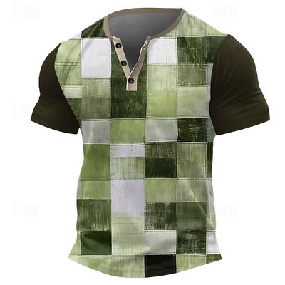 Vintage T-shirt za muškarce Pamučna majica s kariranim umjetnim patchwork grafičkim printom kratkih rukava Henley košulja Preveliki gornji dio muške odjeće