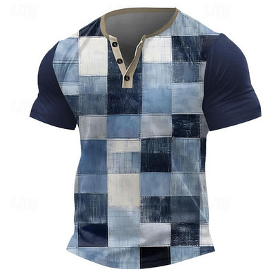 Vintage T-shirt za muškarce Pamučna majica s kariranim umjetnim patchwork grafičkim printom kratkih rukava Henley košulja Preveliki gornji dio muške odjeće