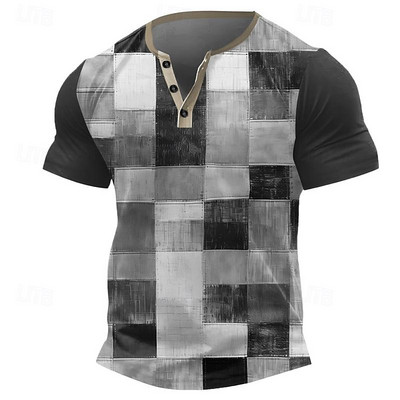 Vintage T-shirt za muškarce Pamučna majica s kariranim umjetnim patchwork grafičkim printom kratkih rukava Henley košulja Preveliki gornji dio muške odjeće